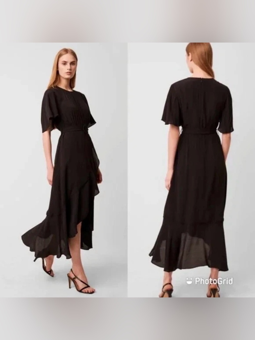 French Connection Emina Black Asymmetrical Ruffle Midi Dress new